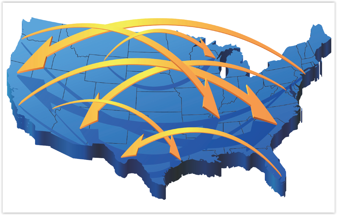Меж регионах. География охвата. Поставки по всей России. Миграция. Карта со стрелками.